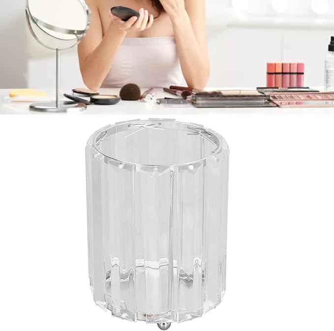 CDQL Cosmetic Brush Holder, Transparent Glass, Round Decorative Box, Pen Storage Organizer, Desktop Makeup Brush Container for Vanity (Silver)