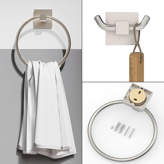 RUACQ Towel Ring for Bathroom 2pcs,Square Base Hand Towel Holder Hangers Wall Mount,Heavy Duty,Stainless Steel(Brushed Nickel)