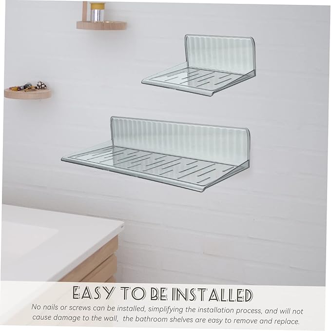 Floating Bathroom Shelves Wall Mounted 2-Piece Set Waterproof Grey Storage Rack for Toiletries Punch-Free Installation for Small Spaces Bathroom and Bedroom Use