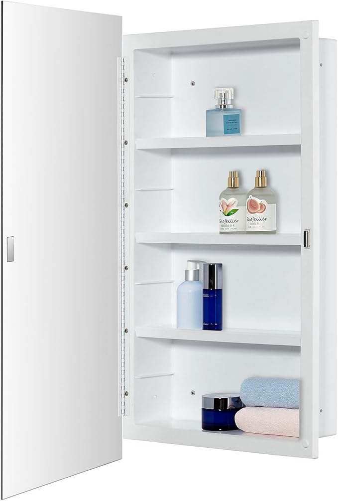 IDYLLOR Plastic Medicine Mirror Cabinet for Bathroom 16 x 28 inch, Recessed and Surface Mount