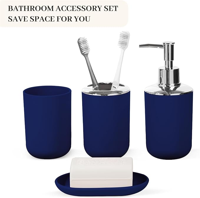 Bathroom Accessory Set, 4 Pcs Plastic Bathroom Set Include Soap Dispenser, Soap Dish, Toothbrush Holder, Mousewash Cup, Modern Bahtroom D??cor Set, Space Save for Bathroom (Blue)