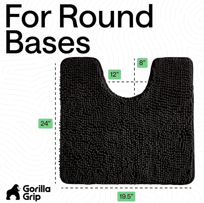 GORILLA GRIP Plush Absorbent Shaggy Chenille Bath Rug Mat for Oval Toilet Base with Rubber Backing, Machine Washable Rugs, Soft Microfiber Contour Mats for Toilets, Bathroom Decor, Black