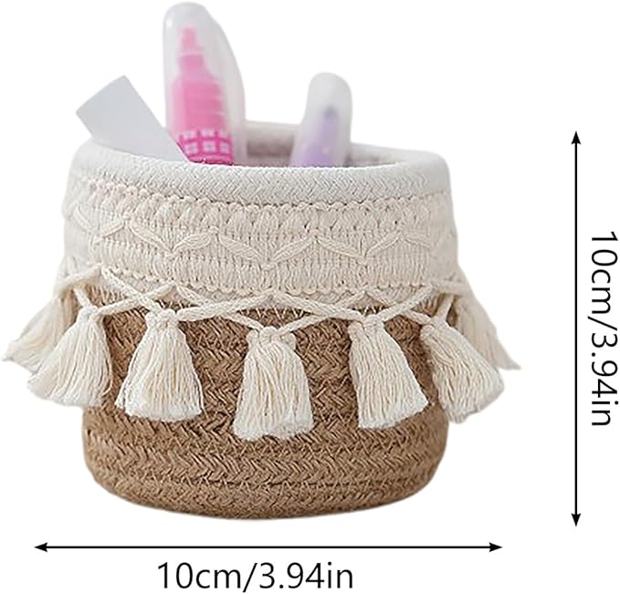 MSUIINT Macrame Makeup Brush Holder Organizer, Brushes Mini Storage Basket, Hand Woven Cotton Rope Basket, Boho Decor Baskets for Comb Cosmetics Pen Pencil Container (B)