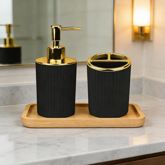 Bathroom Accessories Set, 2-Piece Black & Gold Soap Dispenser & Toothbrush Holder, Modern ABS Vanity Organizer for Countertop, Minimalist Bathroom Decor