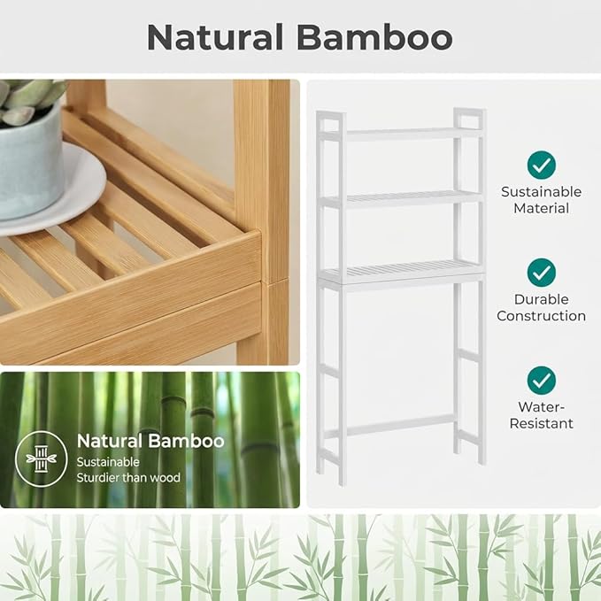 Over the Toilet Storage, 3-Tier Bamboo Bathroom Organizer with Adjustable Shelf, Space-Saving Rack, 66.9" Tall (Rust Brown)