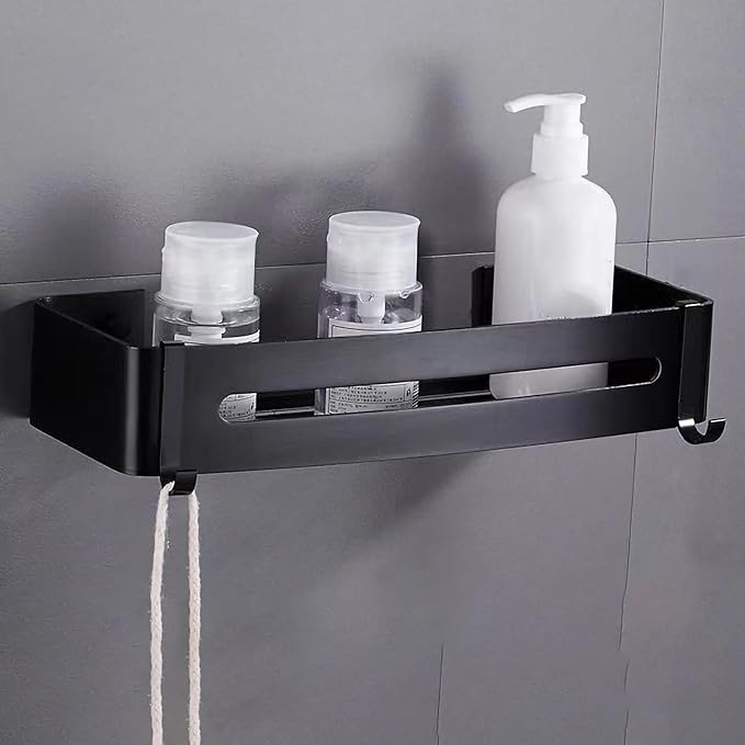 Wall Mounted Stylish Bathroom Shelf with Strong Load Bearing, Aluminum Alloy Kitchen Rack, Corner Storage Organizer for Home and Hotel (Rectangular Black)