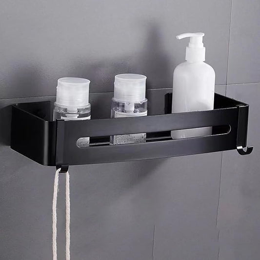Wall Mounted Stylish Bathroom Shelf with Strong Load Bearing, Aluminum Alloy Kitchen Rack, Corner Storage Organizer for Home and Hotel (Rectangular Black)