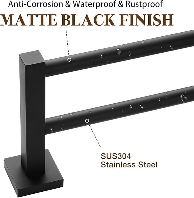 Double Black Towel Bar, 24 Inch Double Towel Racks for Bathroom, Wall Mounted Bathroom Towel Holder Stainless Steel Towel Rod Towel Rail Hanger for Wall,Matte Black