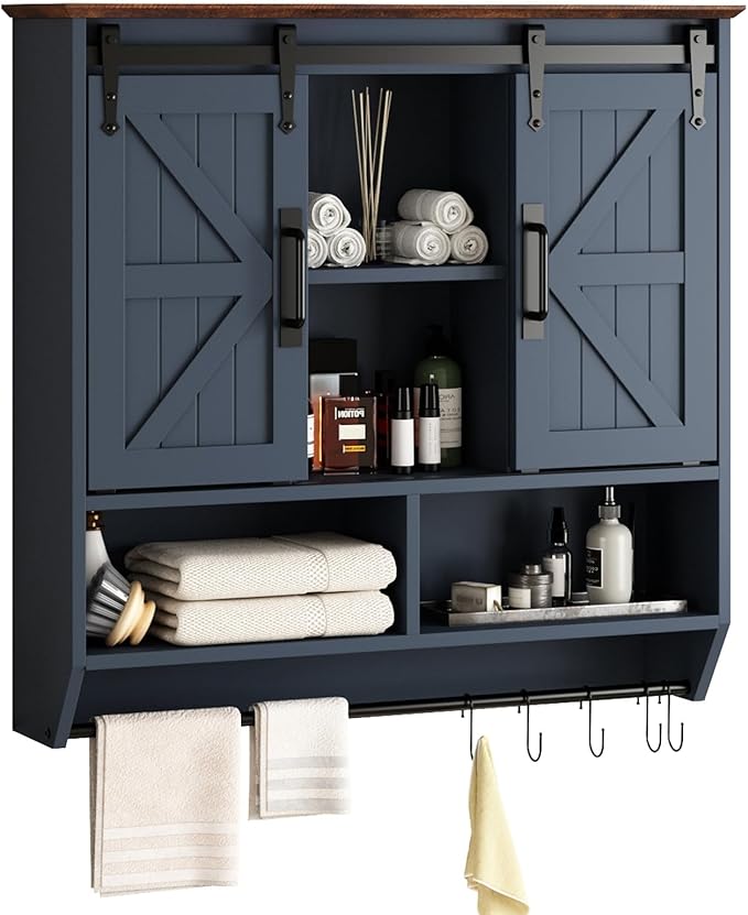 RUSTOWN Farmhouse Bathroom Wall Cabinet,3-Tier Rustic Wood Wall Mounted Cabinets,Vintage Medicine Cabinet with Sliding Barn Door and Adjustable Shelves,Over The Toilet Storage Cabinet (Navy Blue)