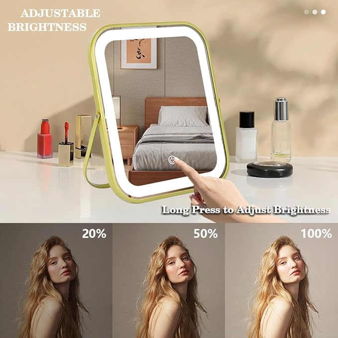 YEKKOPT Gold Vanity Mirror with Lights,10"x8" Rechargeable LED Lighted Makeup Mirror, Large Makeup Mirror with Lights, Touch Screen with 3-Color Lighting, Dimmable, for Vanity Desk Tabletop, Bedroom
