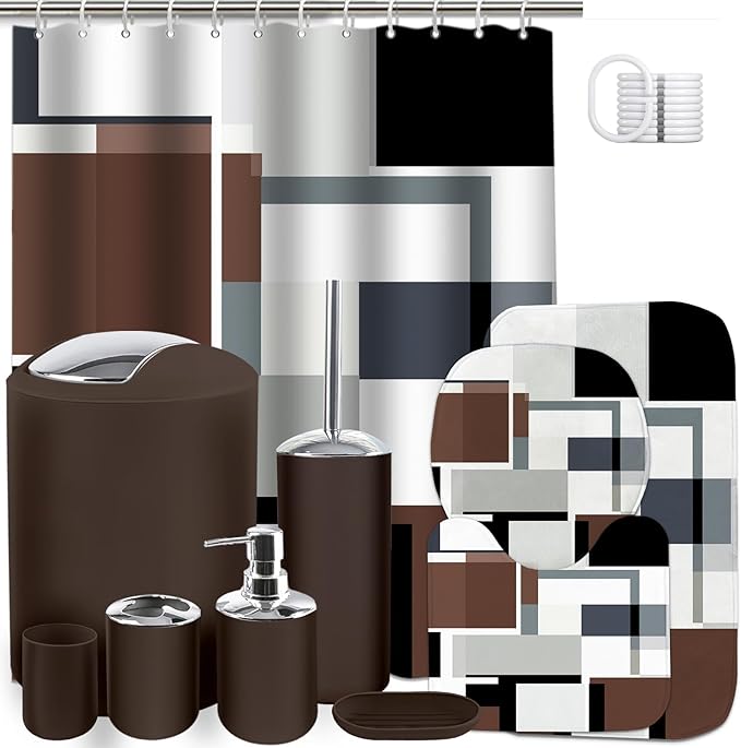 Lnond Brown Bathroom Set, 23-Piece Brown Geometric Bathroom Decor Set with with Shower Curtain and Rugs, Trash Can, Toilet Brush Holder Set & Soap Dispenser