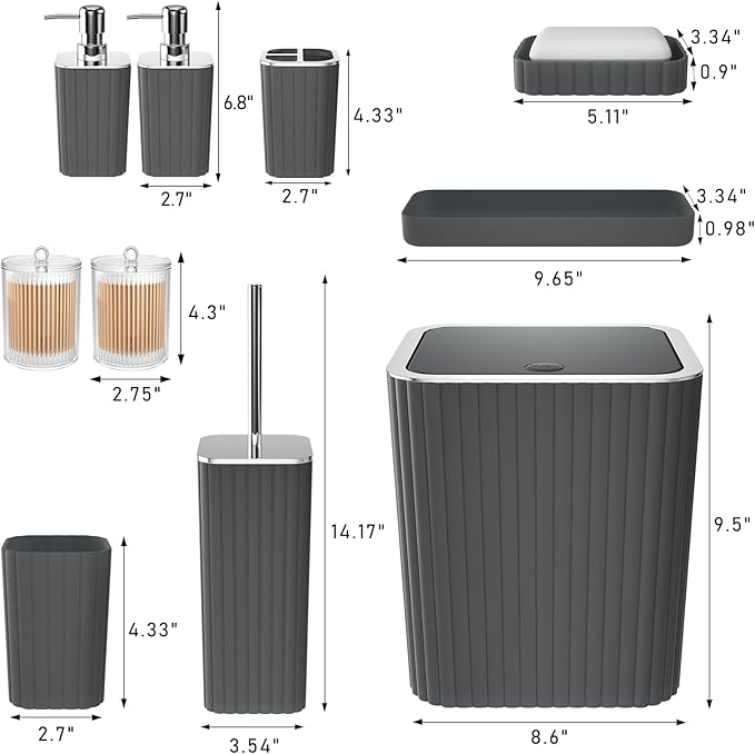 XLHOMO Bathroom Accessories Set - Gorgeous Grey Bathroom Set, 10PC Bathroom Accessory Set, Gray Bathroom Accessories Set, Trash Can, Qtip Holder Dispenser & Soap Dispenser