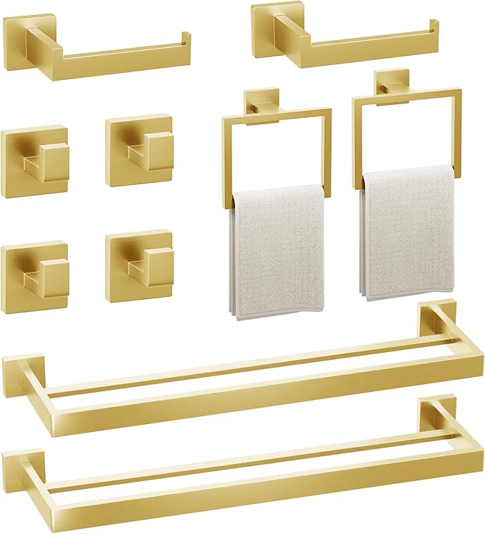 10-Pieces Bathroom Hardware Set,23.6inch Wall Mounted Double Towel Bar Set，Towel Rack&Toilet Paper Holder&Towel Ring and Towel Hook;Bathroom Accessories Set(Gold)
