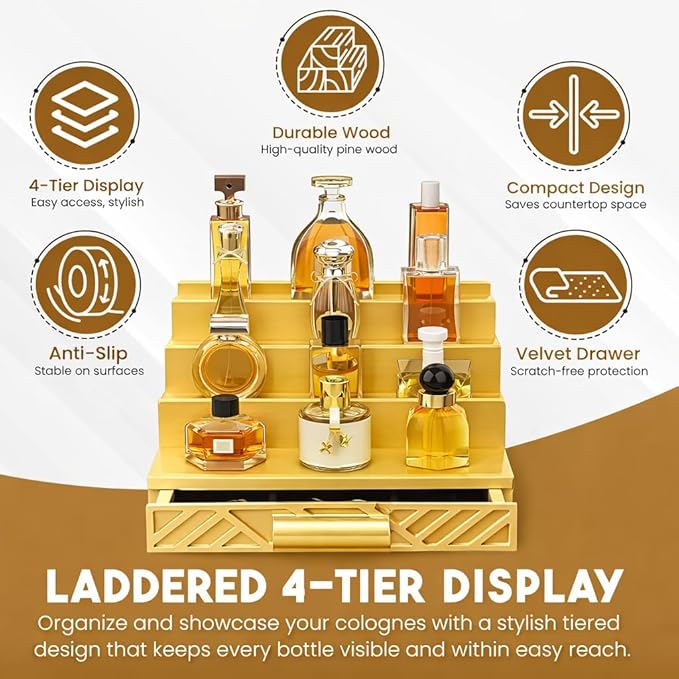 Cologne Organizer for Men - Multi Tier Drawer Organizer & Dresser Organizer Countertop - Perfume Holder | Cologne Stand For Men - Perfume Organizer for Women by NovaHavensNest (Golden-4 Tier)