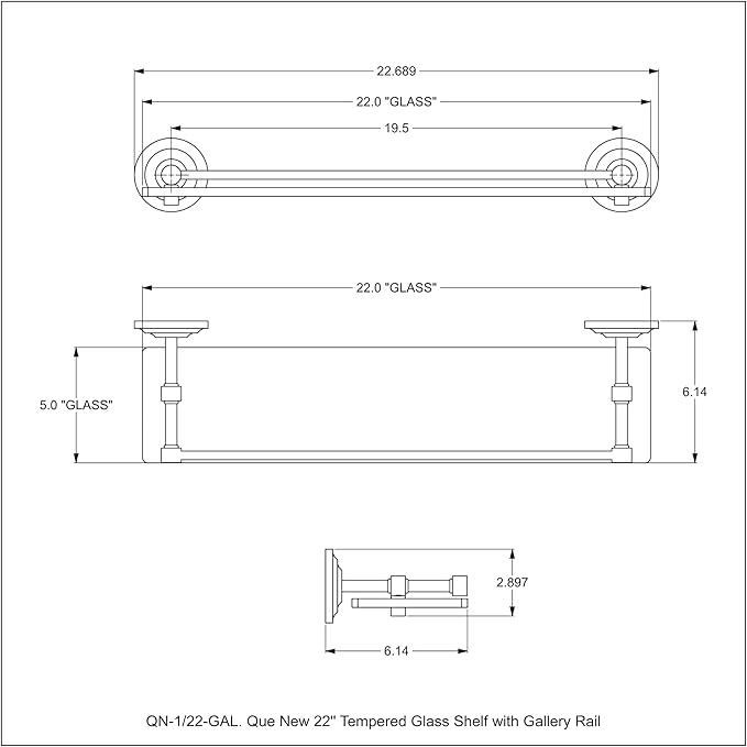 Allied Brass QN-1/22-GAL-GYM Que New 22 Inch Tempered Glass Gallery Rail Shelf, Matte Gray