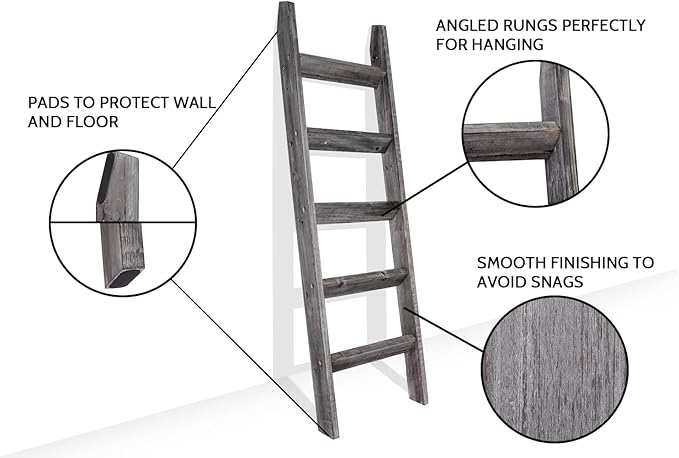 FUIN 5ft (58") Wood Blanket Ladder Living Room Decorative Wall Leaning Farmhouse Quilt Display Holder Rustic Wooden Towel Rack for Bathroom, Gray