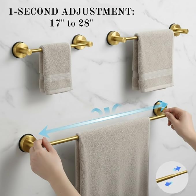 Suction Cup Towel Bar 17-28 Inch Adjustable Retractable Stainless Steel Towel Rack for Bathroom, RV & Renters - No Drill Heavy Duty Wall Mounted Holder, Removable for Glass & Tile (1, Golden)