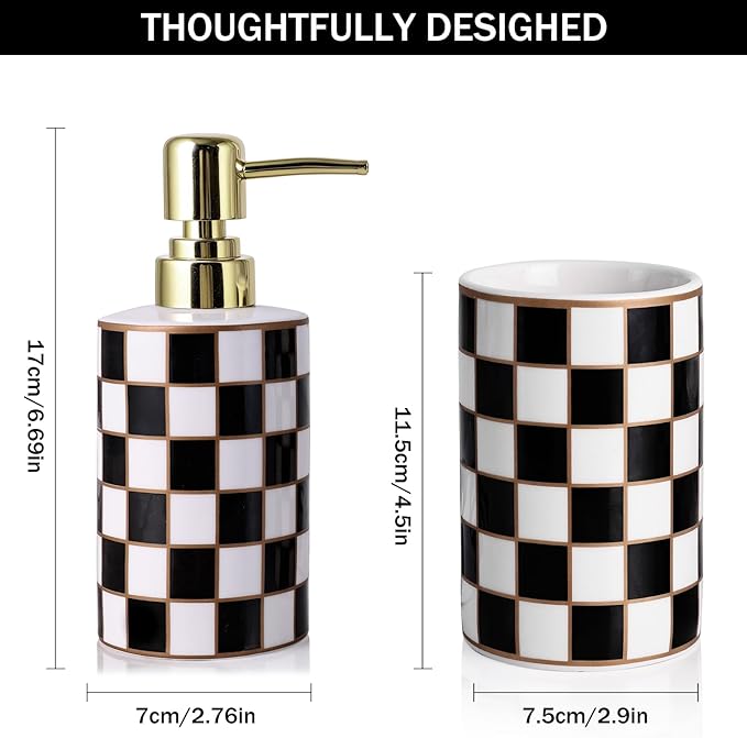 Bathroom Toothbrush Holder Set, Ceramic Checkered Soap Dispenser and Tooth Brush Holder Set, Modern Bathroom Accessories Sets Countertop, Black and White Checkered Bathroom Decor Set (Black)