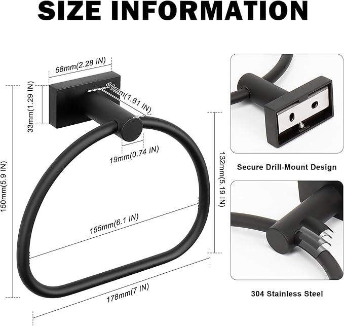 Livabber Towel Ring for Bathroom, 304 Stainless Steel Hand Towel Holder, Heavy Duty Towel Hanger for Bath, Kitchen, Hotel (2.3″ Screw-Mounted Base, Black)