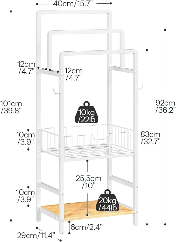HOOBRO Free Standing Towel Rack, Blanket Rack with 3 Towel Bars, Storage Basket and Shelf, Towel Holder with Hook, Blanket Organizer, for Bathroom and Laundry, White and Natural WN13LB01