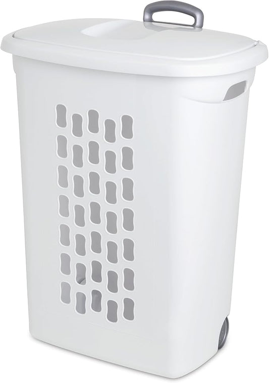 Sterilite 3-Pack Ultra Wheeled Hamper, Laundry Basket w/ Flip-Top Lid & Retractable Handle - Plastic Rolling Clothes Storage Cart with Ventilated Holes for Home, Apartment or Dorm