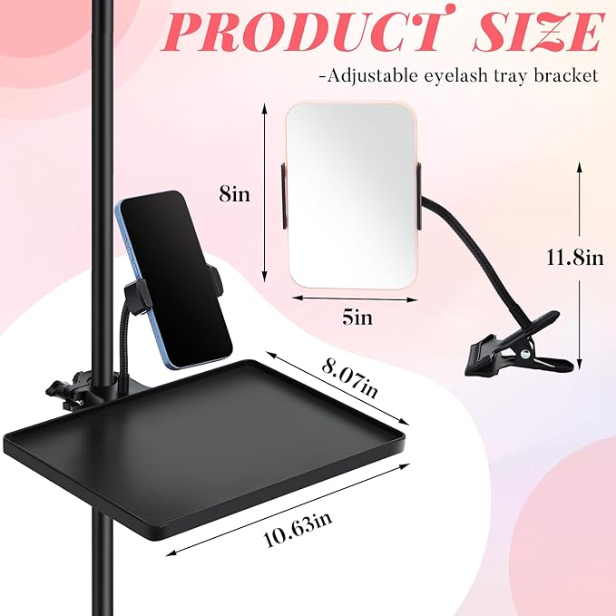 Saillong Adjustable Lash Tray Holder for Ring Light Tray 10.6" x 8" Lash Trays Organizer with Phone Holder, Makeup Mirror and Mirror Clip for Salon or Home Use Eyelash Extensions Supplies