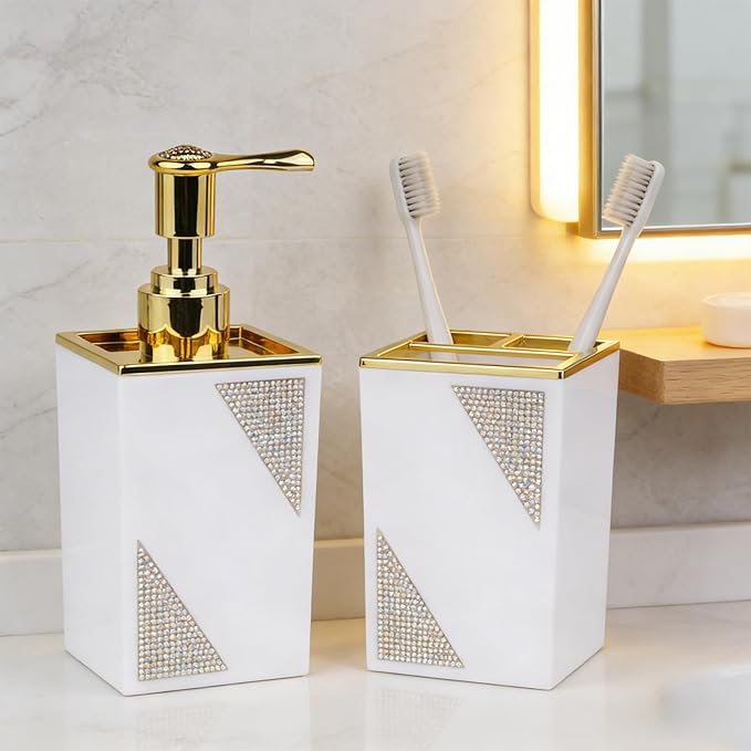 Bathroom Accessories Set, Square 2-Piece White Soap Dispenser & Toothbrush Holder with Sparkling Inlaid Diamonds, Modern Geometric Vanity Set
