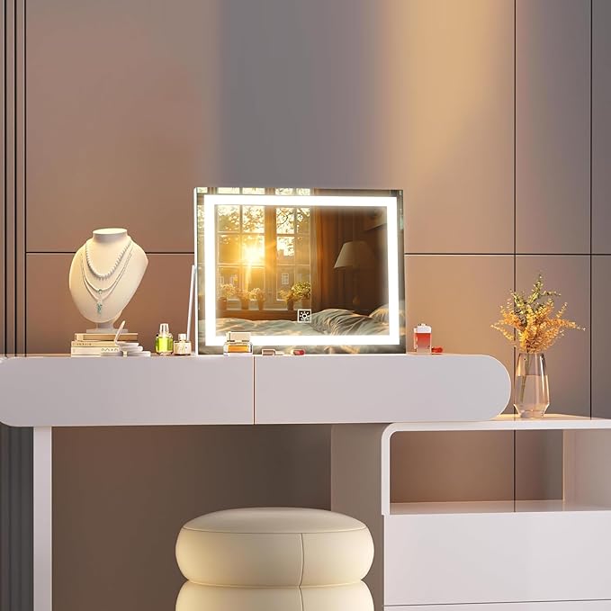 14 Inch LED Vanity Makeup Mirror with Lights, Large Metal Frame Lighted Tabletop Mirror with 3 Color Dimmable Touch Control, 360° Rotation for Bedroom Dressing Table