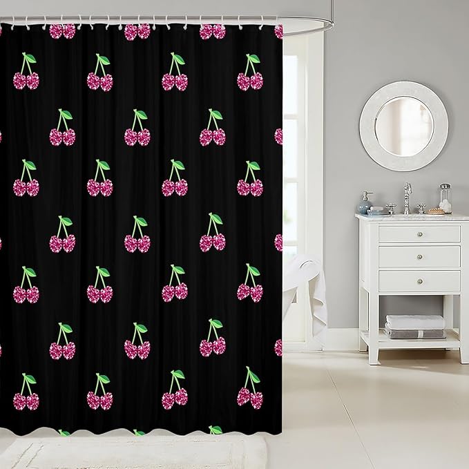 Feelyou Girls Cherry Bath Curtain Pink Glitter Fruit Shower Curtain Baby Girl Black Pink Kawaii Decor Bathroom Curtain Set Polyester Toddler Lovely Sweet Waterproof Shower Curtains 72"x78"