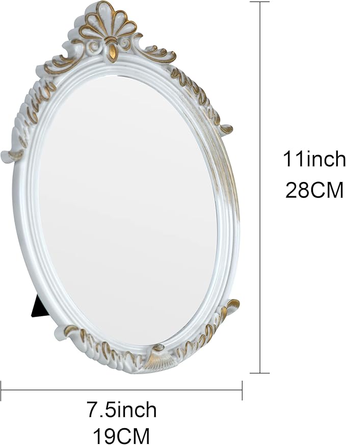 Decorative Vintage Oval Makeup Mirror with Plastic Frame,Tabletop Mirror-White 7.5 x 11 inches
