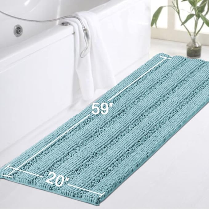 Turquoize Non Slip Shaggy Chenille Microfibers Bathroom Rug Aqua Haze Mat - Extra Long 59 x 20, Super Water Absorbent & Soft Washable Kitchen Rugs and Mats