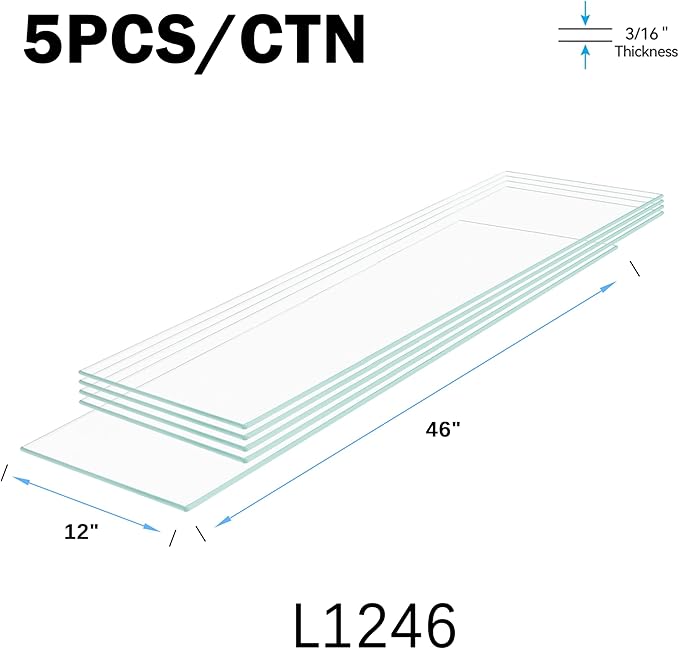 12" x 46" 5-PCS Tempered Glass Shelf, Rectangular Frameless Glass Shelves - 3/16" Thick, Suitable for Bookshelves, Display Cases, Retail Fixtures and Tabletops