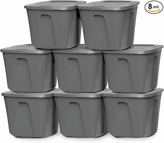 HOMZ 8-Pack Durable Molded Bin, Plastic Storage Containers w/Lids, 18 Gallon, Gray - Stackable Organizer Totes and Boxes for Bedroom, Kitchen, and Garage Organization