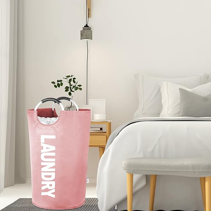 Large Laundry Basket Collapsible???Freestanding Clothes Hamper Bag with Handles ?€? Tall Folding Dirty Laundry Bin???Sturdy Laundry Sorter for College Dorm???Laundry Room ?€? 95L (Pink)