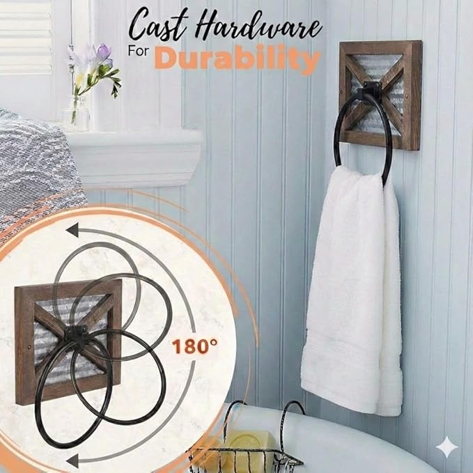 Autumn Alley Rustic Towel Holder for Bathroom, Farmhouse Hand Towel Holder, Rustic Towel Rack Holder, Wall Mounted, Western Bathroom Decor, Wood Country Decor, Galvanized Metal, Black Ring