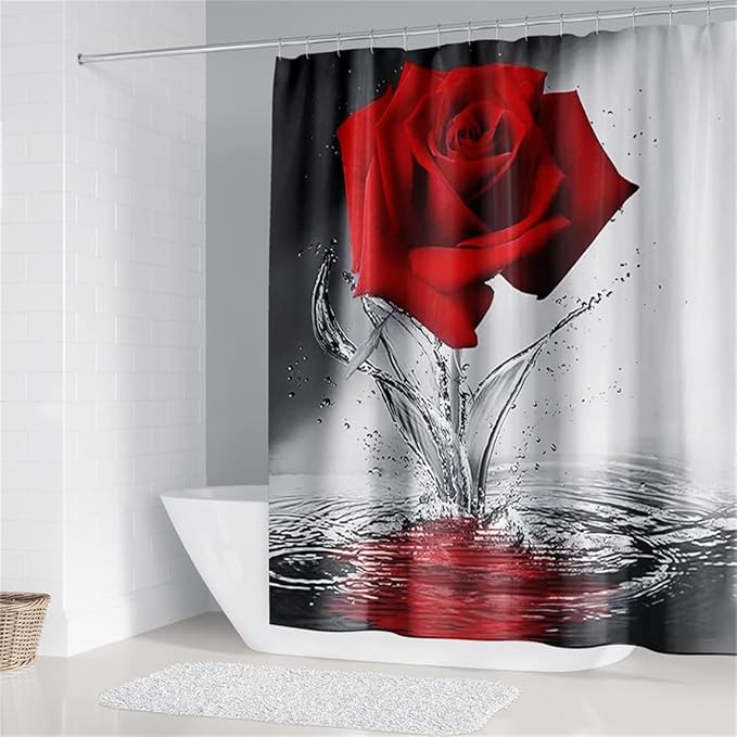 Red Rose Bathroom Sets with Shower Curtain and Rugs Water Red Rose Shower Curtain Set with Non-Slip Rugs,Bath Mat,Toilet Lid Cover and 12 Strong Hooks,Modern Style Shower Curtain for Bathroom