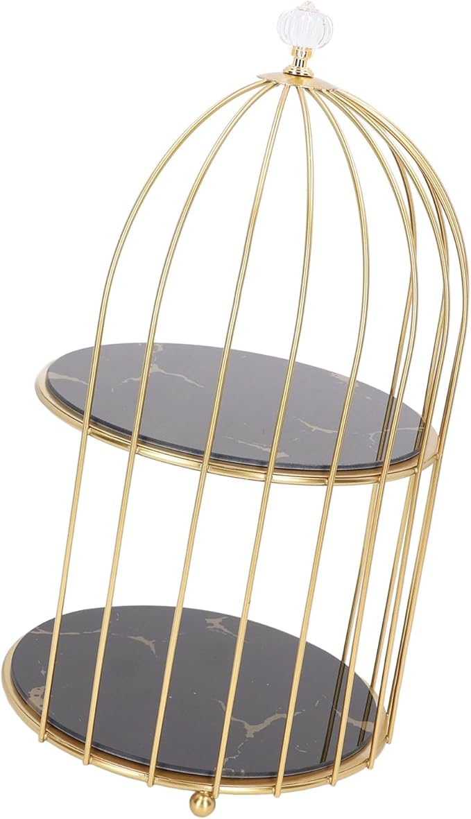 Double Layer Storage Shelf Bird Cage Organizer Display Rack for Bathroom Countertop Dressing Table Gold Frame (Black Base Gold Pattern)