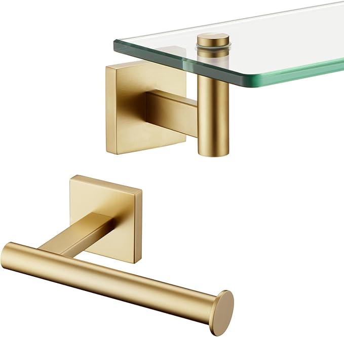 KOKOSIRI 20-Inch Bathroom Shelves Glass Floating Shelf Toilet Roll Holder Toilet Paper Holder Stainless Steel Brushed Gold B1105BG-L20+B2008BG