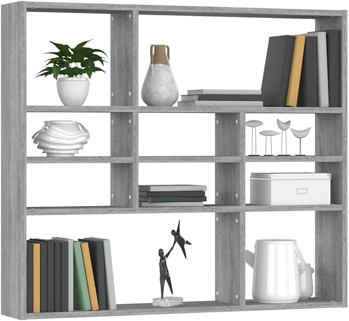 Wall Shelf with 10 Storage Compartments, Grey Sonoma Engineered Wood Floating Display Shelving Unit for Bedroom Living Room Office, 35.4 x 6.3 x 30.7 Inches