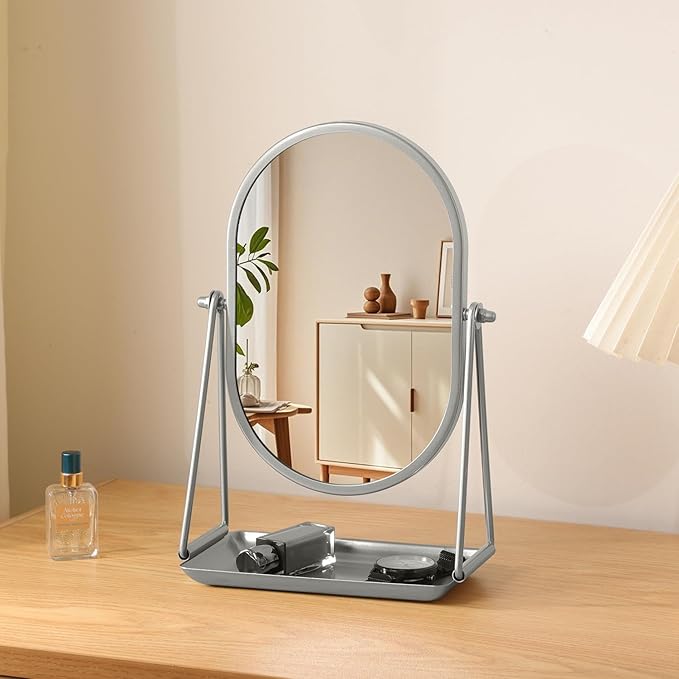 Small Vanity Makeup Mirror for Desk with Metal Stand Tabletop Makeup Oval Mirrors 360 Degree Swivel Portable Cosmetic Mirror for Travel Bedroom, Office, Dresser, Countertop