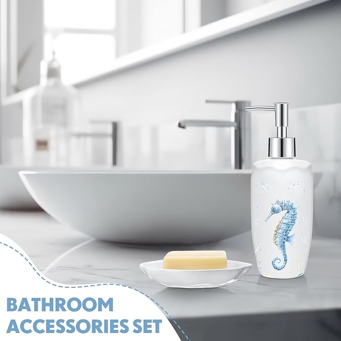 Vesici 4 Pcs Beach Bathroom Accessories, Ocean Animals Bathroom Decor, Under The Sea Tumbler, Soap Dispenser, Toothbrush Holder, Starfish Soap Dish for Ocean Beach Theme Decoration