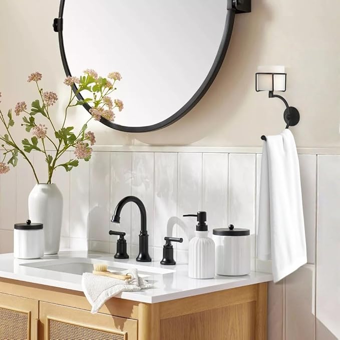 C-Shaped Towel Ring with Top Storage Basket Unique Space Saving Wall Mount Holder for Towels, Candles, Plants & Toiletries, Decorative Metal Accent for Bathroom or Kitchen