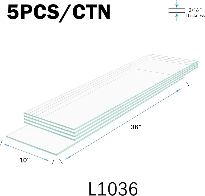 10" x 36" 5-PCS Tempered Glass Shelf, Rectangular Frameless Glass Shelves - 3/16" Thick, Suitable for Bookshelves, Display Cases, Retail Fixtures and Tabletops