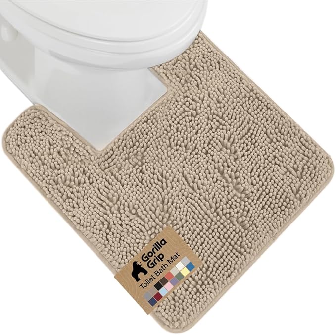 GORILLA GRIP Plush Absorbent Shaggy Chenille Bath Rug Mat for Square Toilet Base with Rubber Backing, Machine Washable Rugs, Soft Microfiber Contour Mats for Toilets, Bathroom Decor, Gray Beige