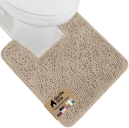 GORILLA GRIP Plush Absorbent Shaggy Chenille Bath Rug Mat for Square Toilet Base with Rubber Backing, Machine Washable Rugs, Soft Microfiber Contour Mats for Toilets, Bathroom Decor, Gray Beige