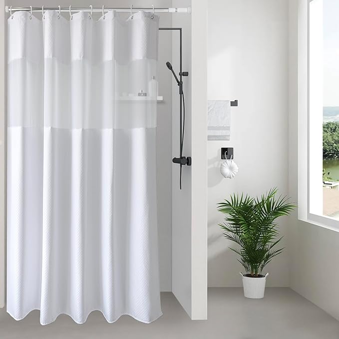 UFRIDAY Waffle Weave Fabric Shower Curtain with Mesh Window, Heavy Duty Decorative Bathroom Curtain with White Pique Pattern, Spa-Like Hotel Luxury, Water-Repellent,54x 78Inches