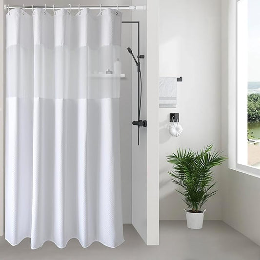 UFRIDAY Waffle Weave Fabric Shower Curtain with Mesh Window, Heavy Duty Decorative Bathroom Curtain with White Pique Pattern, Spa-Like Hotel Luxury, Water-Repellent,54x 78Inches