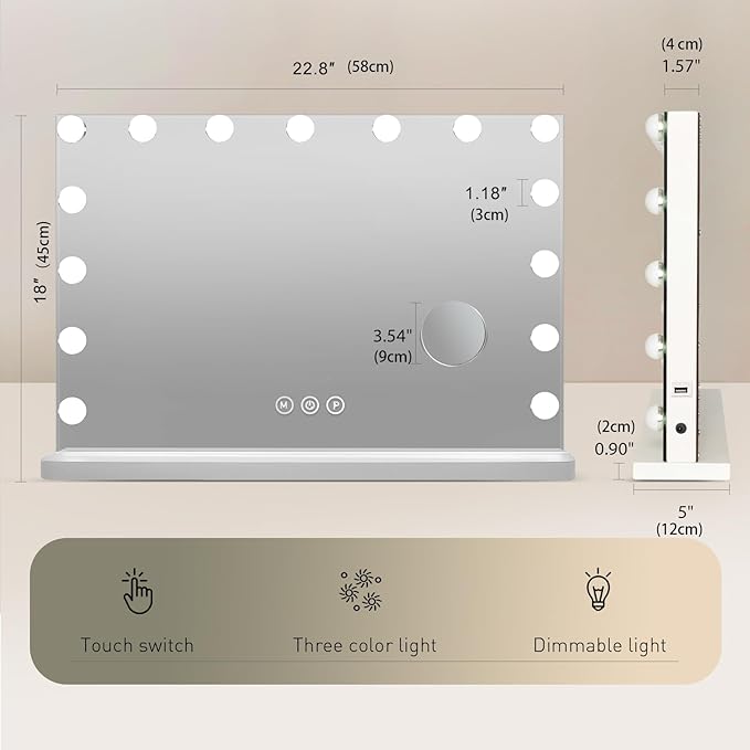 YOURLITE Vanity Mirror with Lights,Large Hollywood Mirror with Lights with 15 Bulbs, 3 Colors Modes & Adjustable Brightness, Makeup Mirrors Vanity with 10x Spot Mirror, USB Charging Port