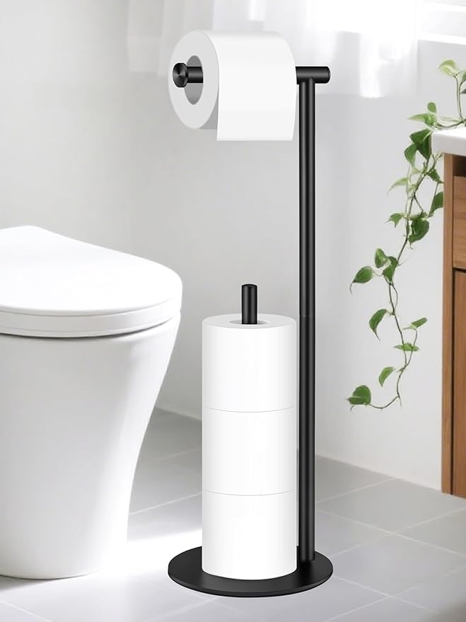 Toilet Paper Holder Stand, Free Standing Toilet Paper Roll Stand with Reserve for Bathroom, Stainless Steel, Black