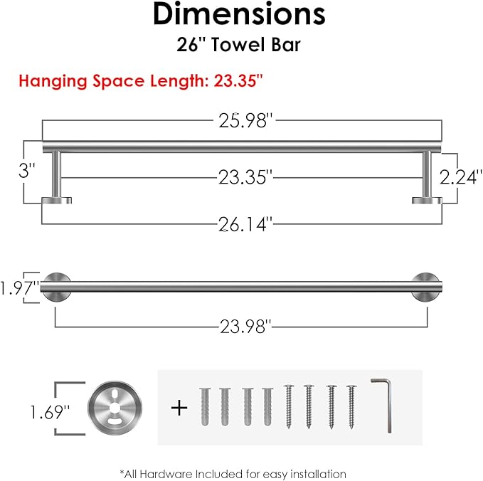 FORIOUS Towel Racks for Bathroom Wall Mounted, Stainless Steel Bathroom Towel Rack 24 Inch, Includes Wall Mounting Hardware (Brushed Nickel, Total Length 26-Inch)